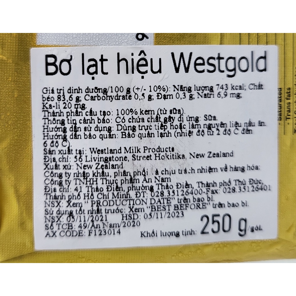 [Khối 250g] BƠ LẠT NGUYÊN CHẤT [New Zealand] WESTGOLD Unsalted Butter (hdl)