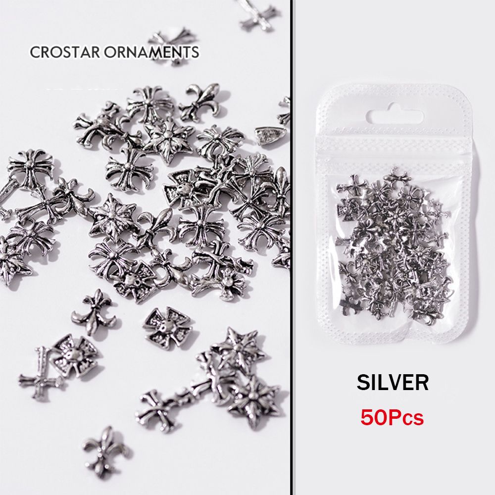 Set 50 phụ kiện trang trí móng tay hình chữ thập 3D bằng kim loại cá tính