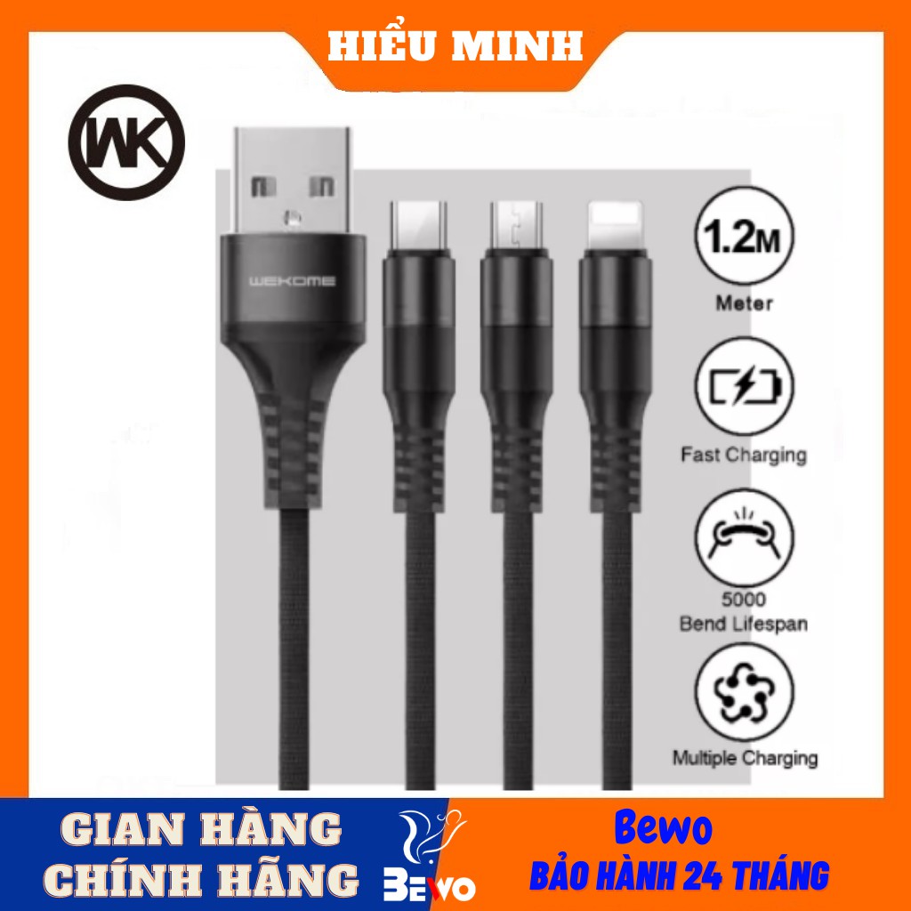 Cáp sạc 3 đầu WK WDC -125,dây dù 1m2 chống đứt,3 cổng IPhone - MicroUsb - TypeC