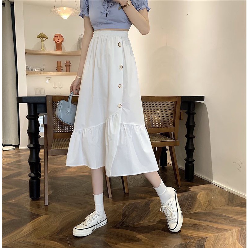 Women's Korean-Style Mid-Length Skirt High Waist Slimming All-Matching White DesignaWord Skirt