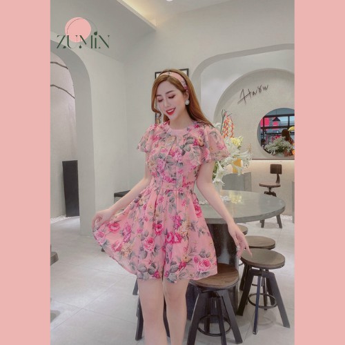 Bộ jumpsuit ngắn tay vải tơ hoa Zumin, hàng thiết kế cao cấp, váy hoa hè, váy hoa đi biển ZMS-JUMP01