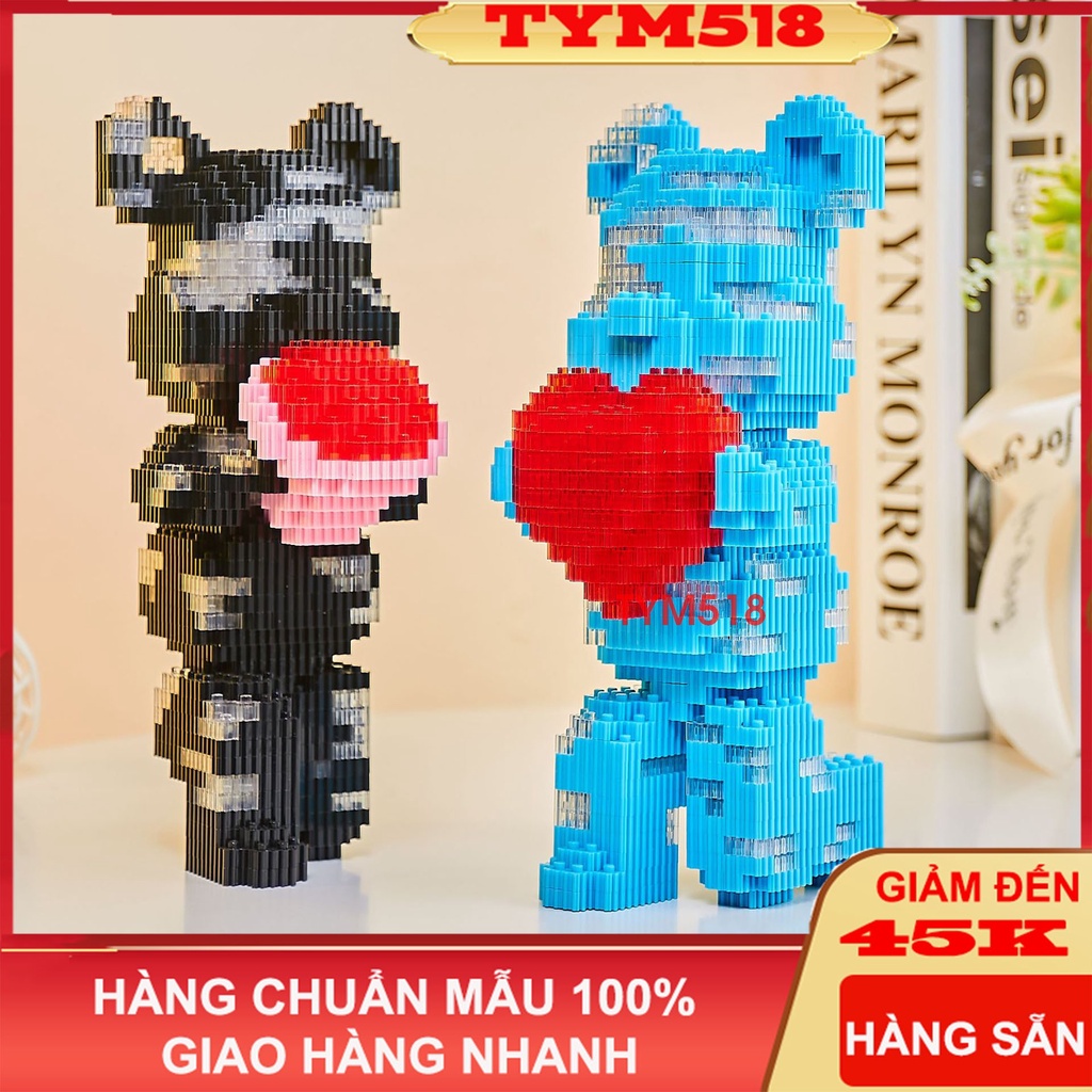 le.go Gấu Bearbrick 18cm cỡ lớn ôm hoa Đồ chơi lắp ráp nano 3d mô hình cỡ lớn Hàng Đẹp bear bricK ( có đèn)