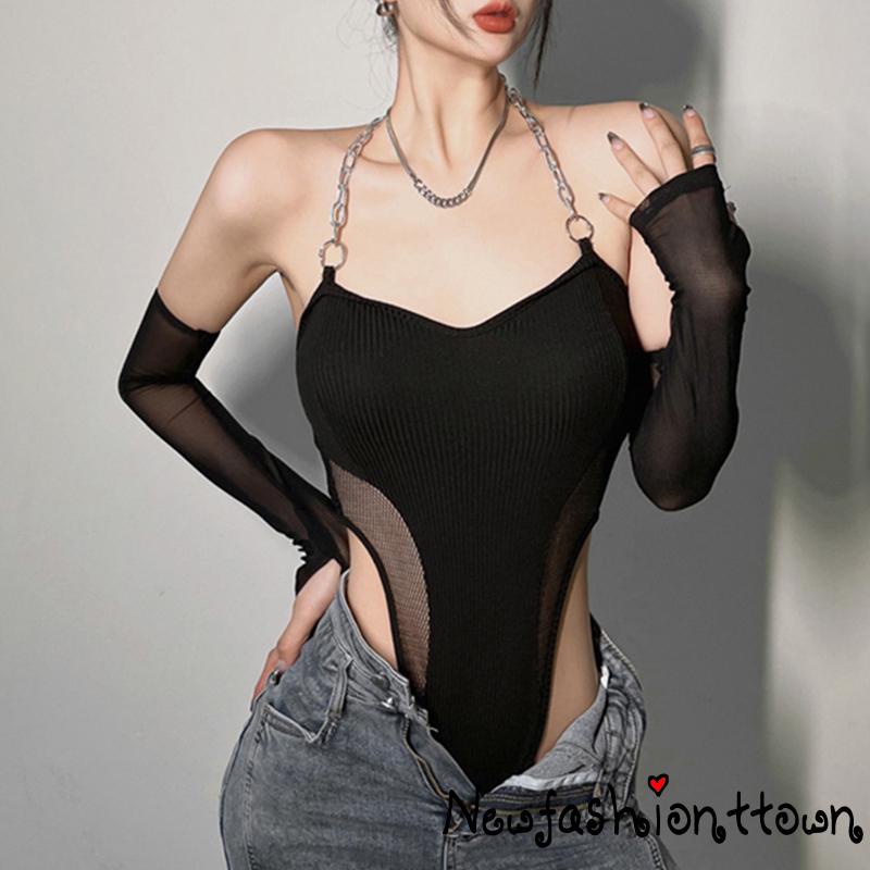 Nfashion Bộ Áo Liền Quần Phối Lưới Dây Xích + Tay Áo Cánh Tay Màu Đen Hợp Thời Trang Cho Nữ
