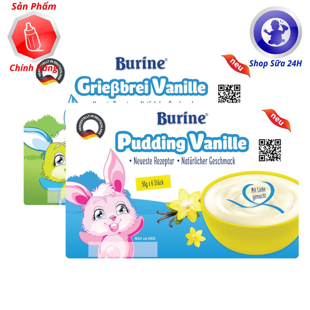 Cháo Sữa Burine Đủ Vị Pudding Vani, Pudding Chuối, Bích Quy, Vani Lốc 6 Hộp x 50g