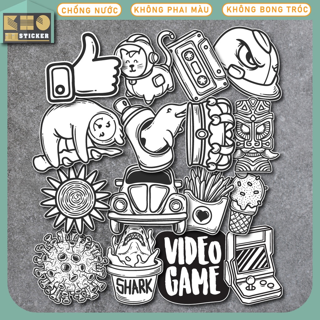 Combo 50 Sticker Trắng đen 2 chống nước sticker dán laptop, điện thoại, đàn guitar, mũ bảo hiểm, vali. MSP: ST70