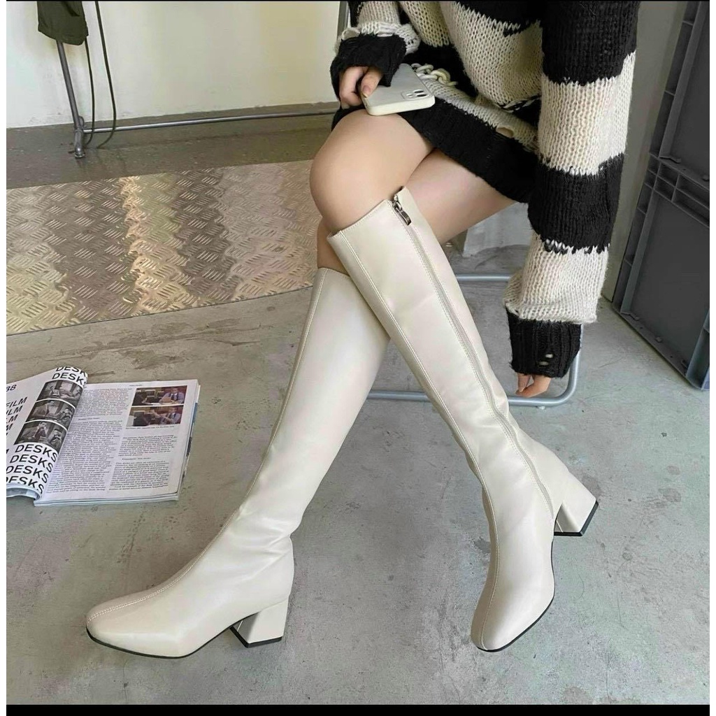 Boots đùi nữ mũi vuông da lì khóa sau cao gót 5 phân | BigBuy360 - bigbuy360.vn