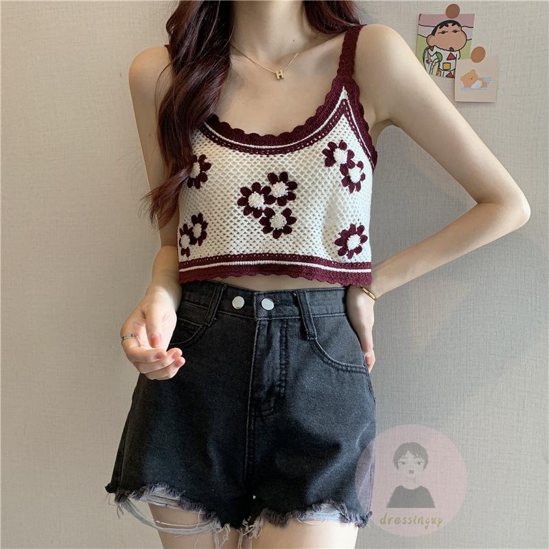 DRE-Women Summer Knitted Camisole,Flower Embroidery Sleeveless Sling Tank Tops