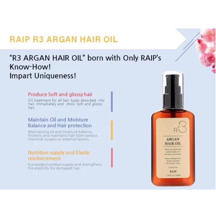[CÓ SẴN] Dầu Dưỡng Giúp Hồi Phục Tóc Hư Tổn Raip R3 Argan Hair Oil