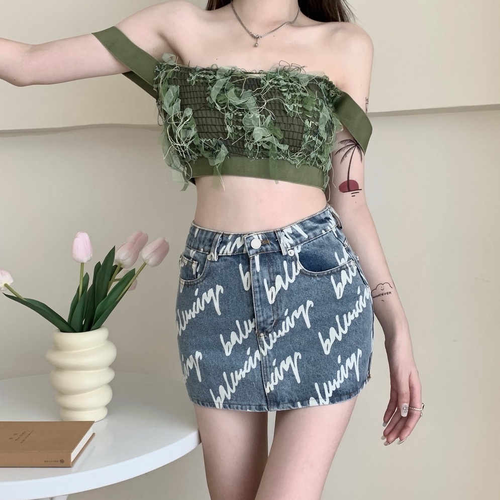 Porozi  Trang phục  chân váy jean dáng chữ A lưng cao/ áo ống thời trang Hàn Quốc dành cho nữ
