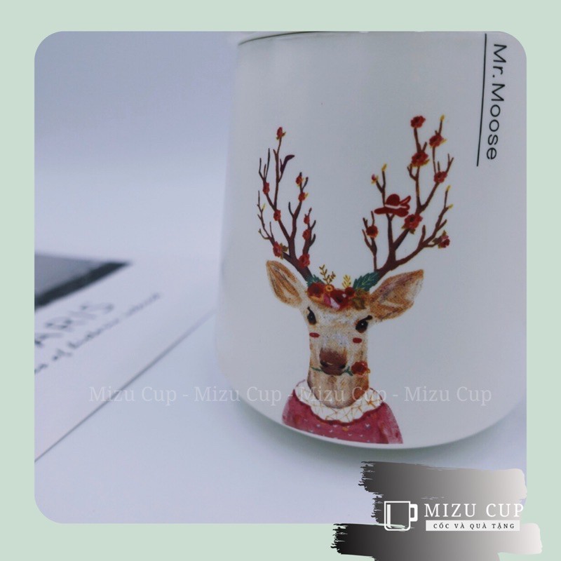 Cốc gốm sứ cao cấp hình con hươu vintage kèm nắp