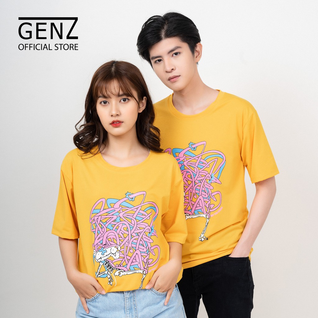 Áo thun tay lỡ form rộng GENZ phong cách Unisex cho cả nam nữ, hình in họa tiết giun màu vàng - Z79