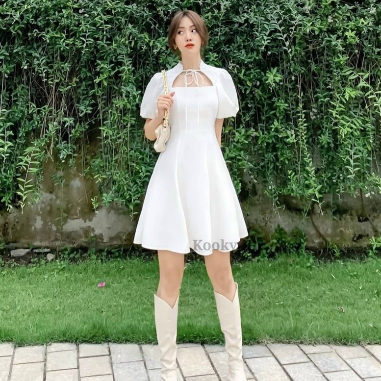 Váy đầm nữ dáng xòe dây ngực  buộc dây, có 2 màu Đen, Trắng, khóa kéo sau