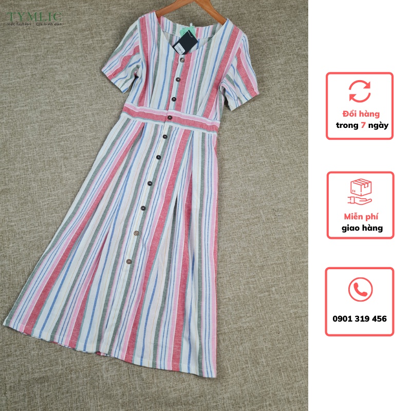Đầm Linen Tay Bo Chun Kẻ Sọc TYMLIC