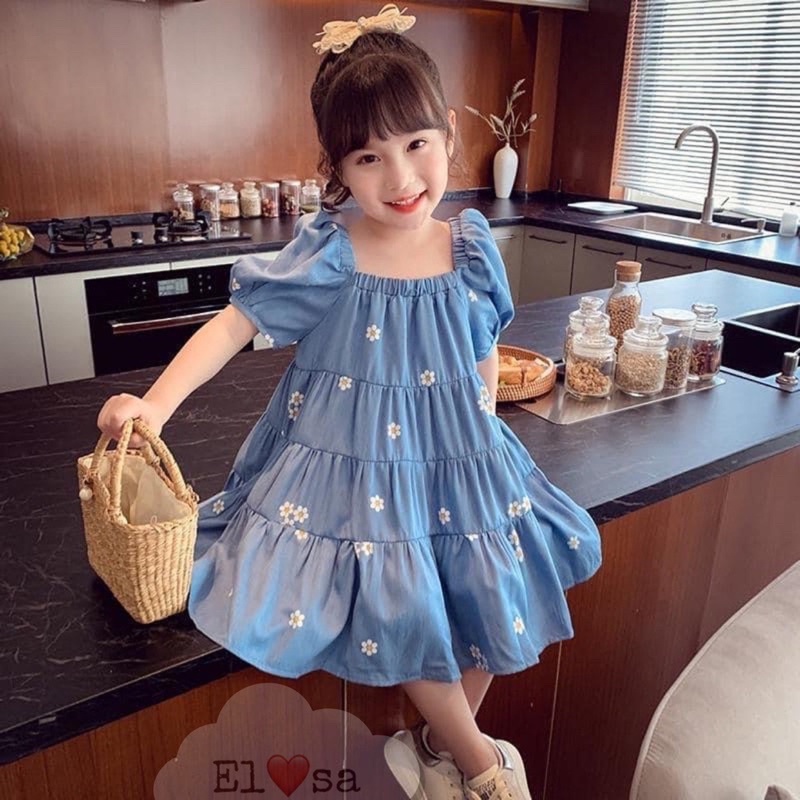 Váy bé gái - váy hoa cúc 4 tầng vải đũi lạnh loại 1 cho bé từ 1-8 Tuổi