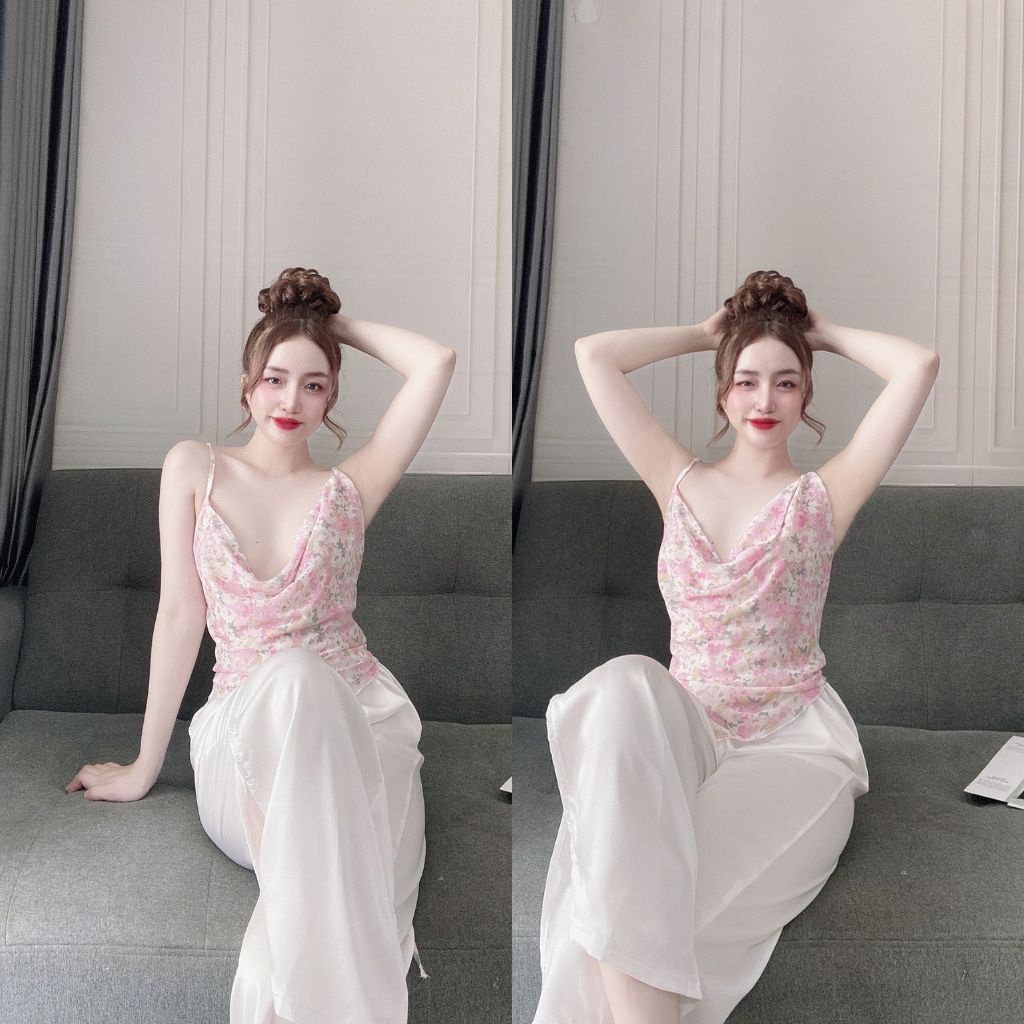 Đồ ngủ nữ sexy bộ lụa mặc nhà 2 dây quần dài cổ yếm đỗ gợi cảm chất lụa sation phối chiffon cao cấp