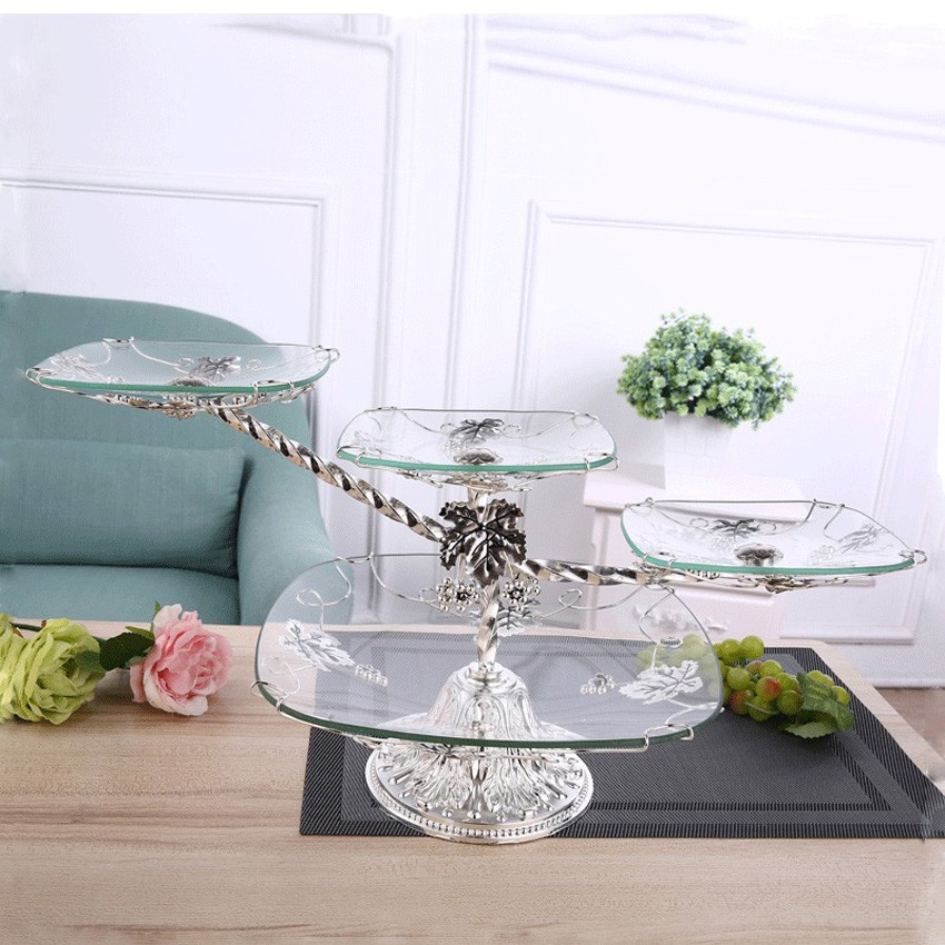 Khay thủy tinh 3 tầng đựng hoa quả, bánh kẹo, các loại hạt khô viền & đế kim loại decor trang trí bàn ăn, tiệc buffet