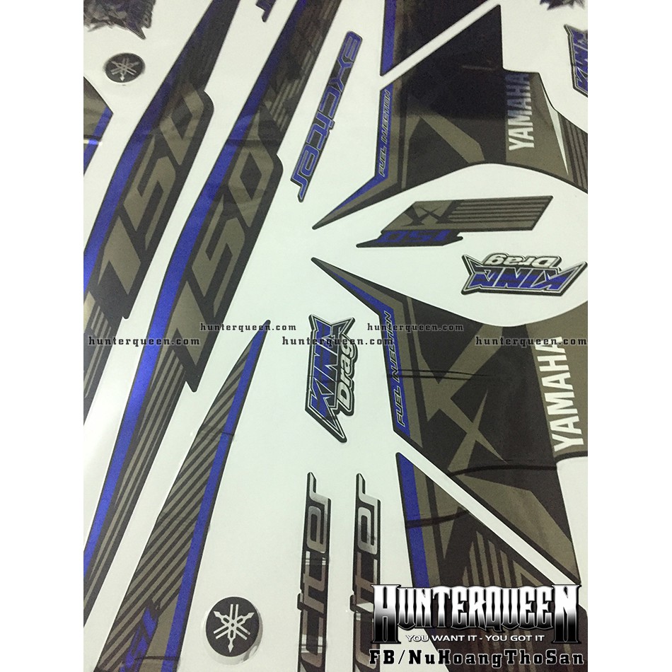 Tem Exciter 150. Tem rời MX King xanh sọc đơn giản, chất liệu CROM, dán xe đen. Xe màu khác vui lòng inbox