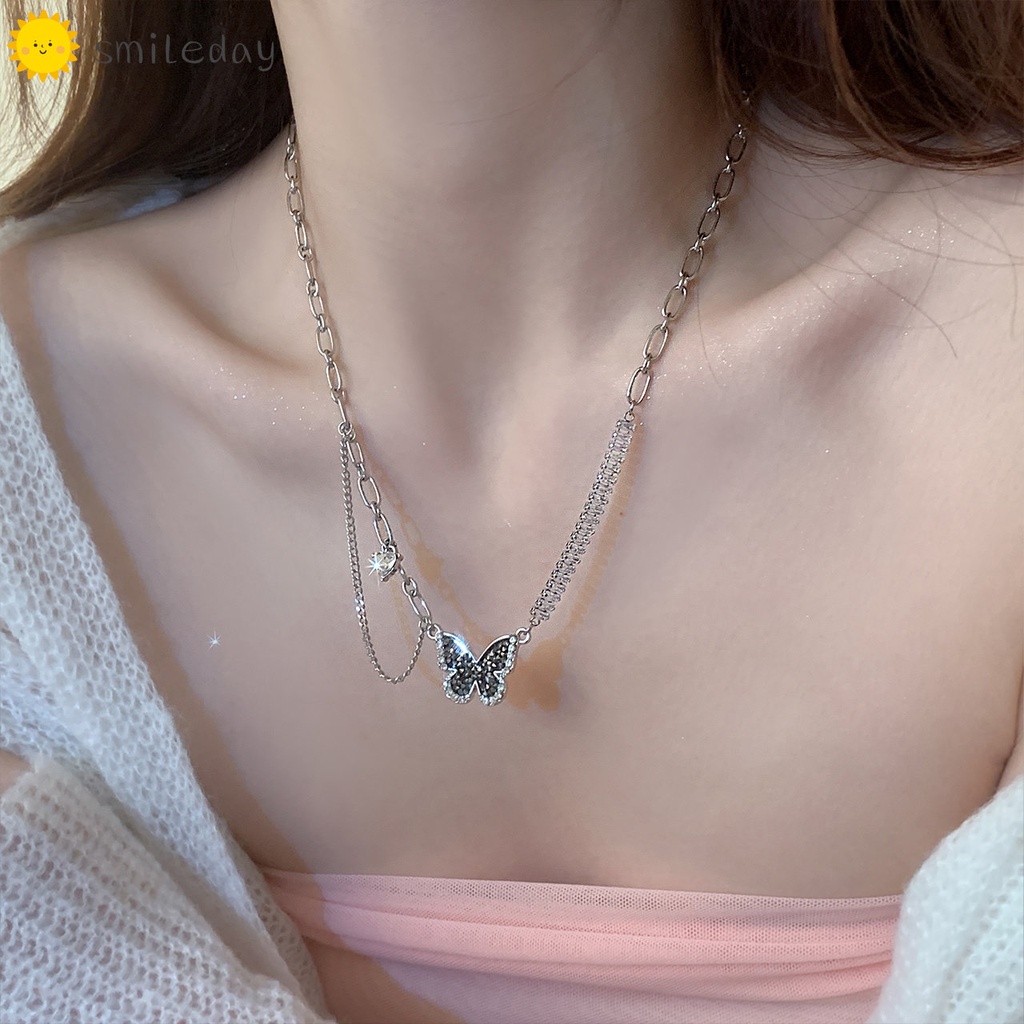 Vòng cổ Mạ Vàng 2K Mặt Hình Bướm Đen Đính Đá Zircon Tua Rua