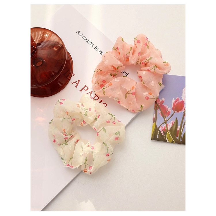 Dây Buộc Tóc Scrunchies Cherry Màu Trắng Hàn Quốc Dễ Thương Sồi House
