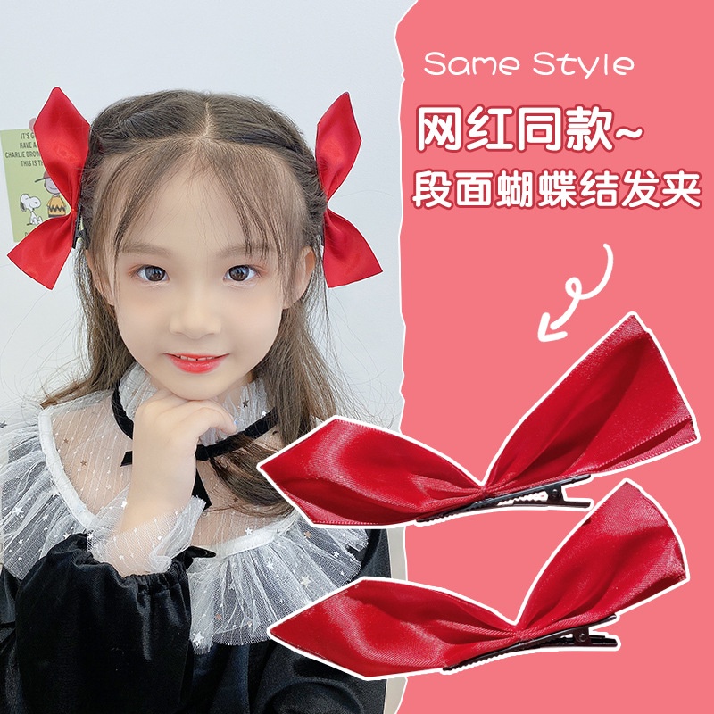 Kẹp Tóc Nơ Satin Màu Đen Phong Cách Vintage Dễ Thương Dành Cho Bé Gái