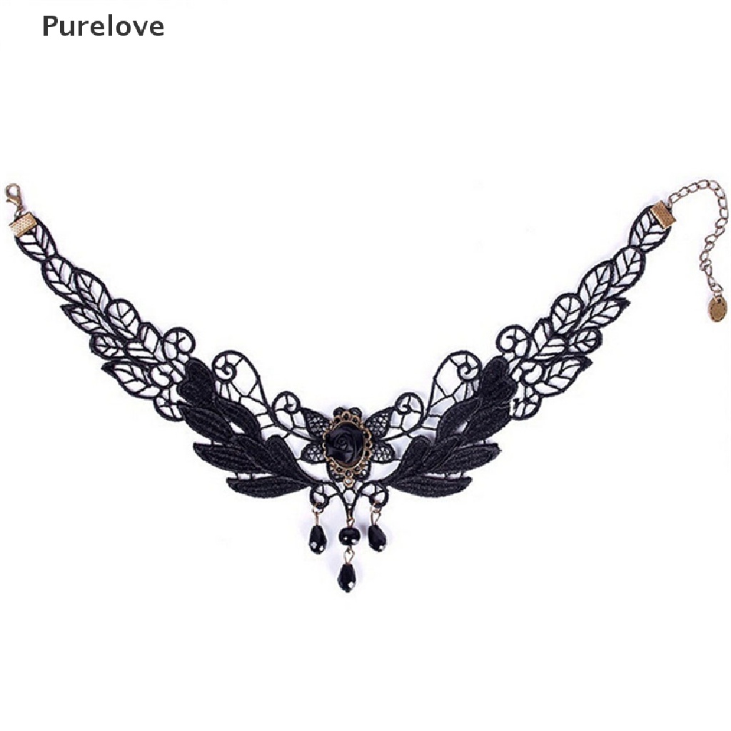 (Purelove) Choker Ren Đính Hạt Màu Đen Hoa Hồng Phong Cách lolita Mới