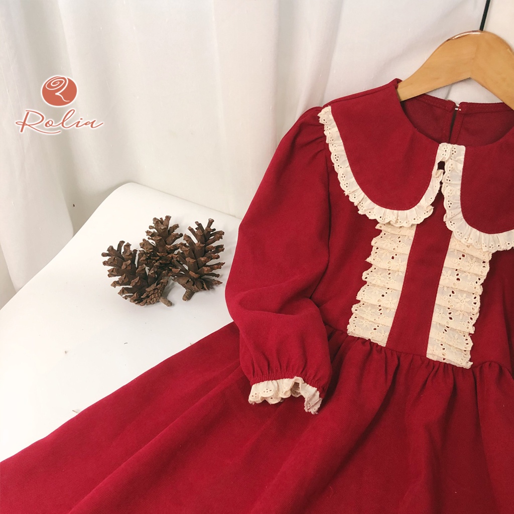 Váy bé gái nhung đỏ và xanh diện tết ROLIA chất nhung dày chân ren cho bé gái V68 V86