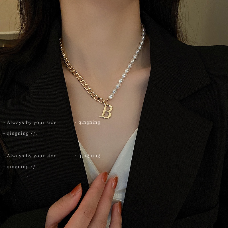 Dây chuyền DREJEW mặt chữ B đíng ngọc trai giả phong cách Hàn Quốc đơn giản thời trang