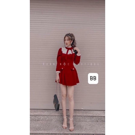 đầm xoè nhung nơ cổ,váy midi nữ đỏ chơi noel mùa giáng sinh diẹn tết hoặc đi chơi đều xinh
