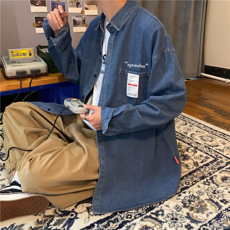 Áo sơ mi khoác ngoài vải denim tay dài thời trang đường phố mùa xuân hè thường ngày dành cho nam