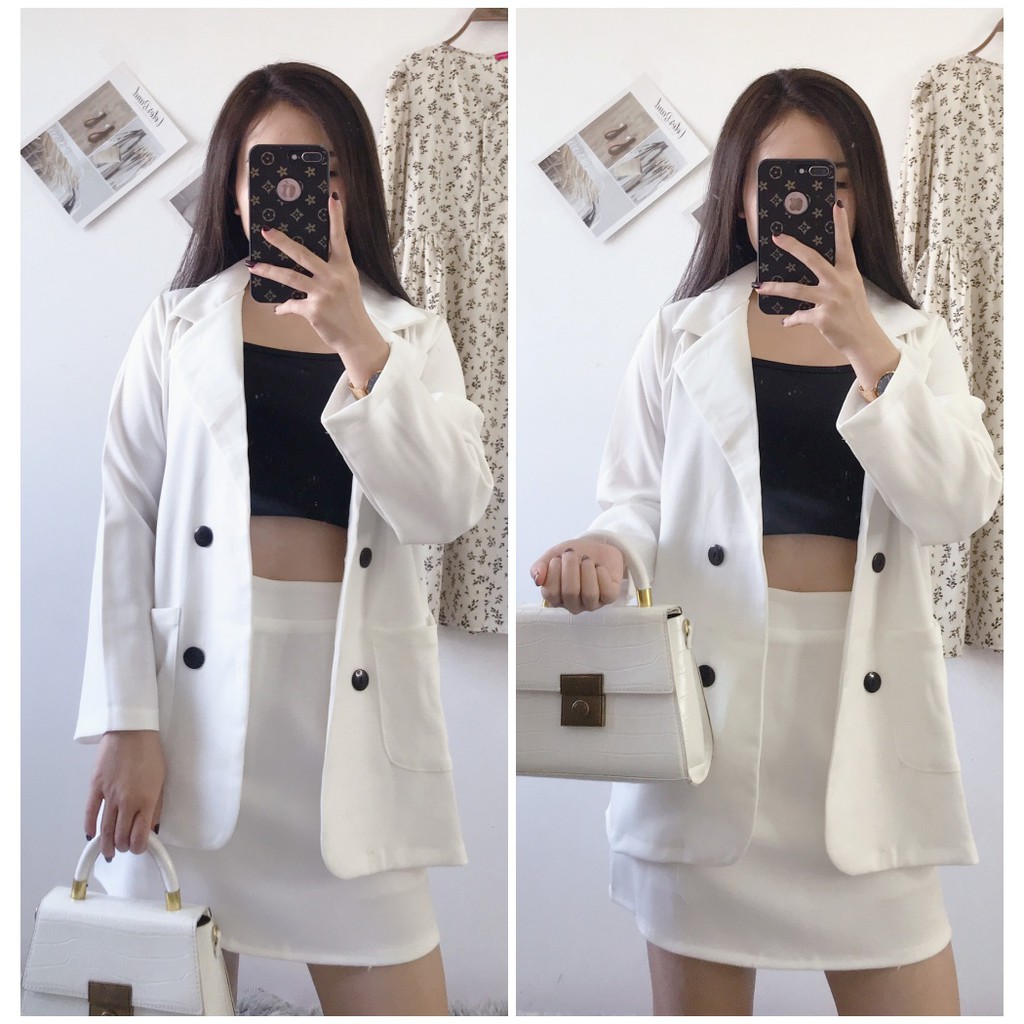 Set Blazer Vest Trơn Kèm Chân Váy Dày Dặn Cực Nữ Tính