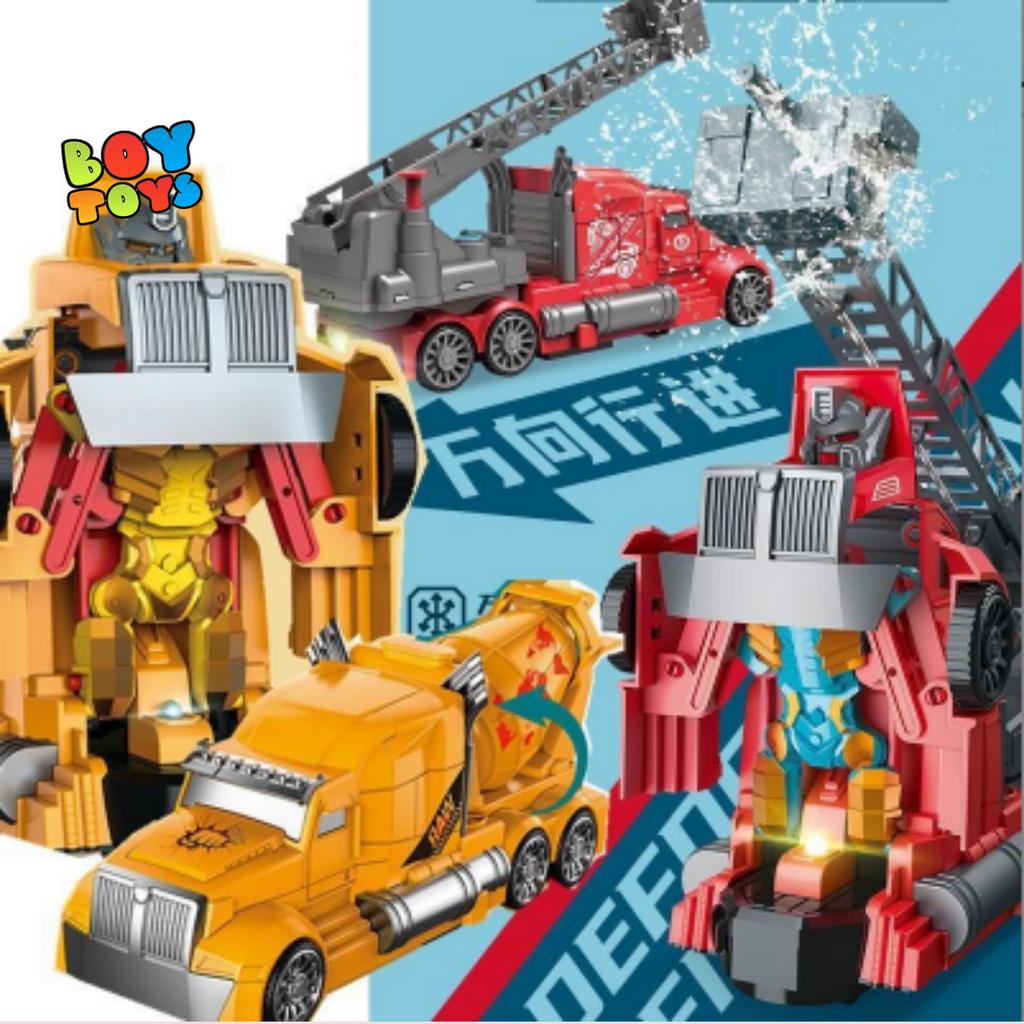 Combo 2 xe đồ chơi cứu hỏa phun nước biến hình và xe trộn bê tông biến hình