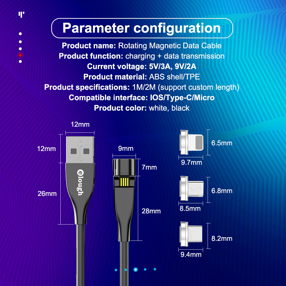 Dây Cáp Sạc Sạc Nhanh Elough Thiết Kế Đầu Nam Châm 3a Micro Usb Type C 540 Dài 1m