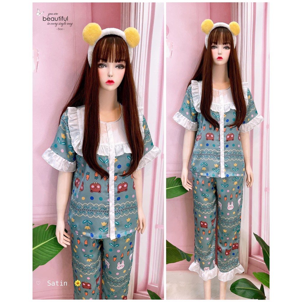 Bộ đồ ngủ lụa nữ pijama 🌺 đồ bộ mặc nhà tiểu thư  dễ thương chất satin cao cấp siêu đẹp  - TNQD03 LANA QUEEN