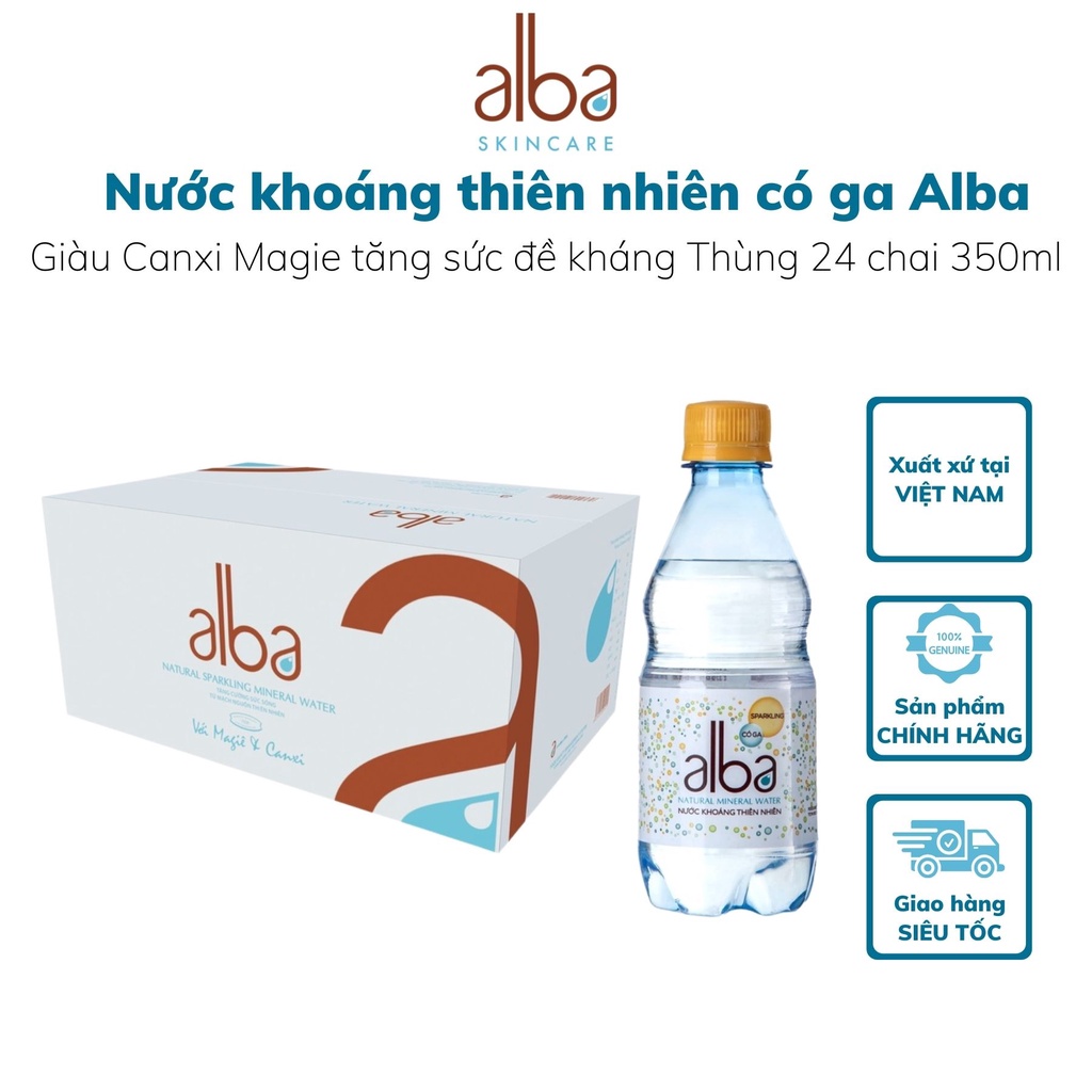 Thùng 24 chai nước khoáng thiên nhiên có ga Alba giàu Canxi Magie tăng sức đề kháng cho cơ thể 350ml