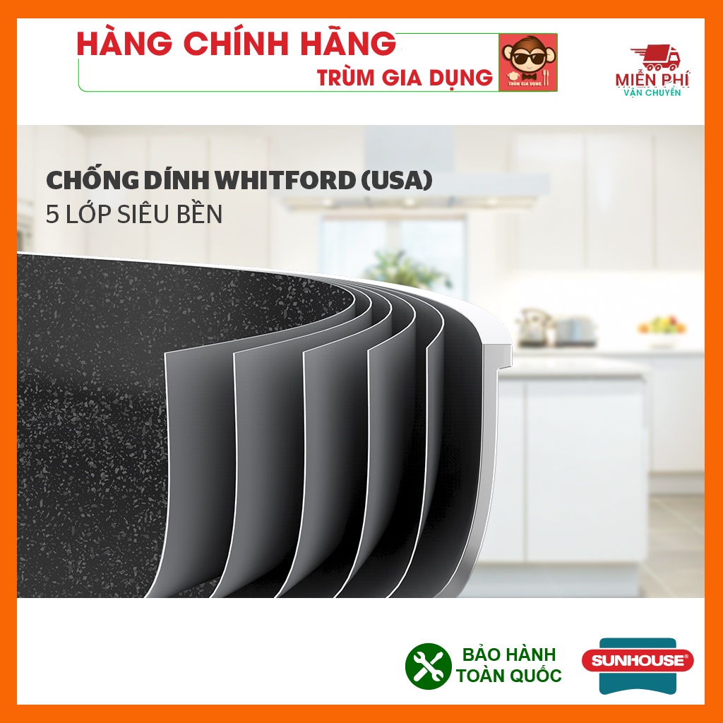 Chảo chống dính bếp từ đáy sâu vân đá, dùng được trên mọi loại bếp, miệng rót, chảo Sunhouse kích thước 20,26,28,30cm