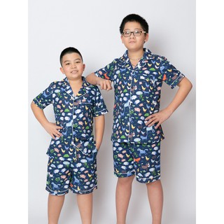 Pijama bé trai áo cộc quần đùi màu xanh hình chú gà con và chuột nhắt