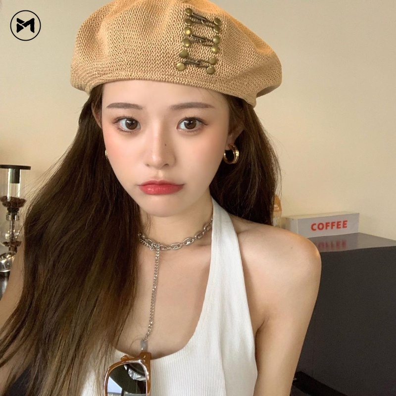 Mũ Beret Vải Mỏng Thoáng Khí Phối Khóa Đồng Phong Cách Vintage Cho Nữ