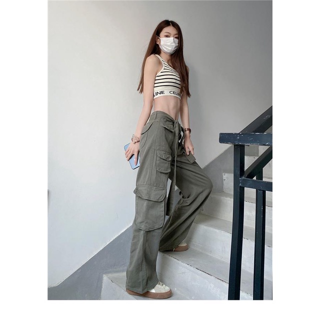 COZOK Quần Ống Rộng Lưng Cao Thắt Dây Có Túi Phong Cách Cổ Điển
