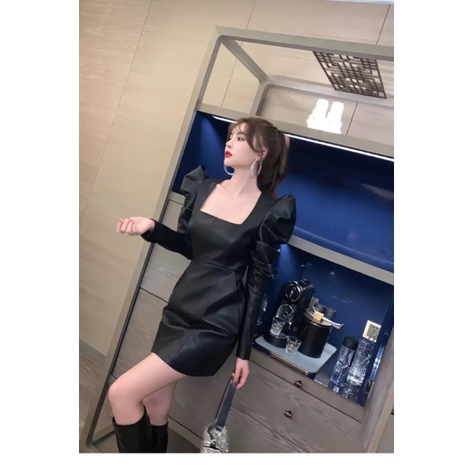 Váy da cổ vuông tay phồng dài tay hàng cao cấp