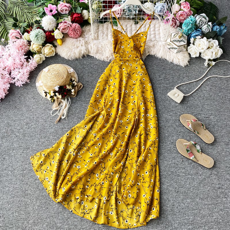 HÀNG ORDER-MX01- Đầm maxi hoa 2 dây đi biển xẻ tà hở lưng gợi cảm