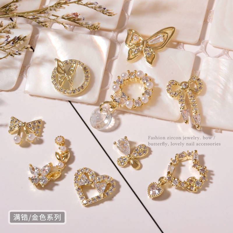 Charm đính đá zircon màu vàng/bạc sang trọng ,hàng cao cấp, charm nơ/bướm đính ngọc, phụ kiện nail