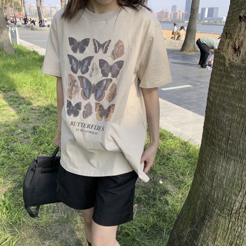 IELGY Áo thun tay ngắn dáng rộng in họa tiết bươm bướm phong cách cổ điển dành cho nữ