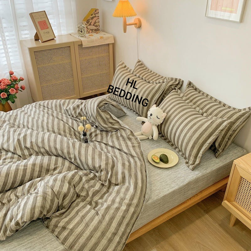 Bộ chăn ga Cotton poly HL bedding chăn ga Hàn Quốc xám sọc đủ size miễn phí bo chun