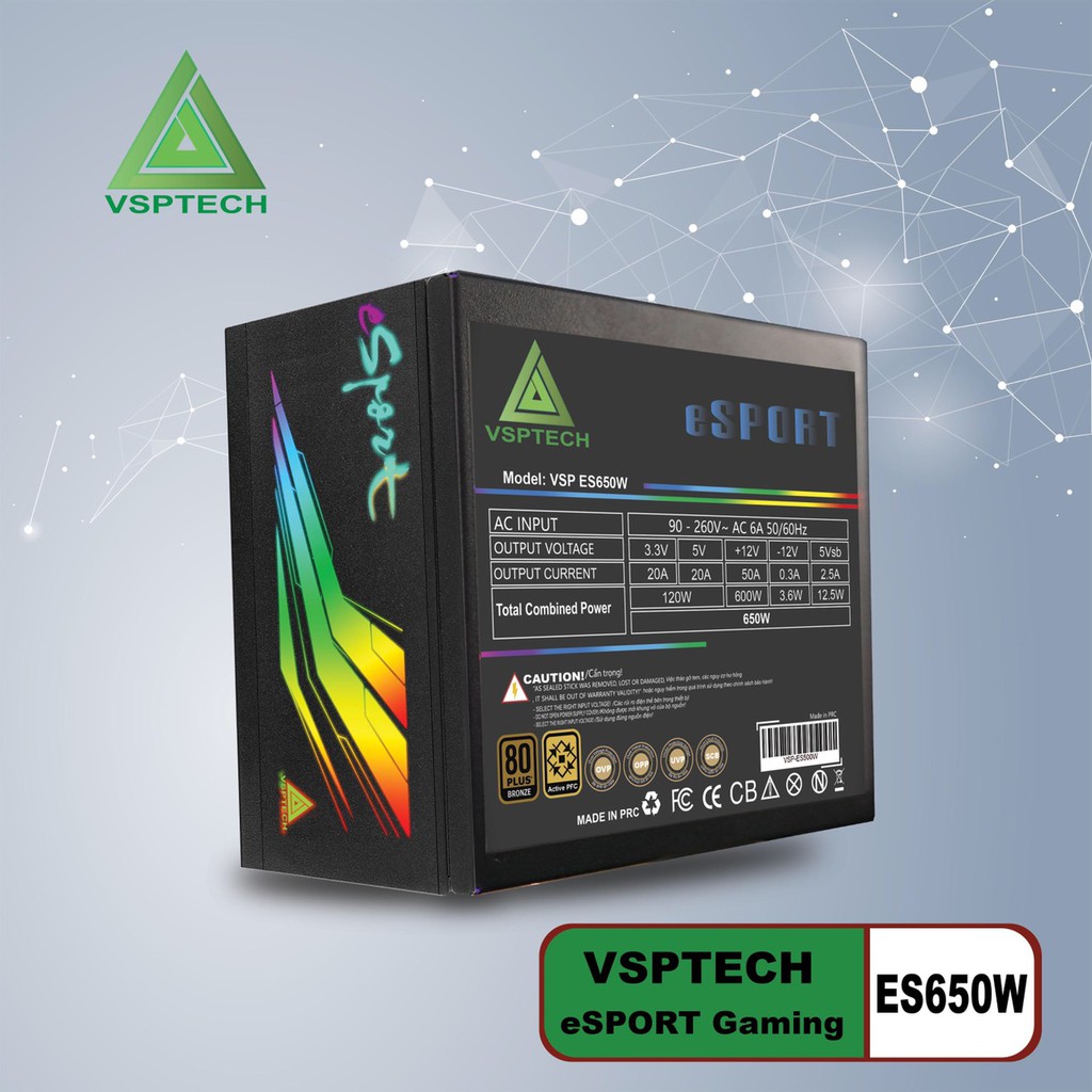Nguồn VSP ES650W eSPORT Gaming Công Suất Thực(Nguồn 650W Chuẩn 80 Plus Bronze LED RGB SYNC)