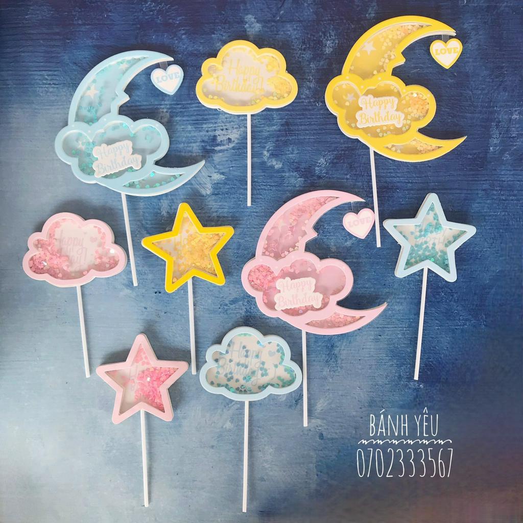 Que cắm bánh trang trí trăng sao mây lấp lánh tự chọn