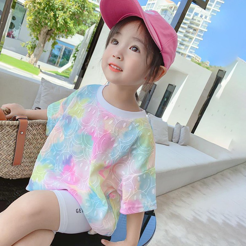 Áo Thun Ngắn Tay Họa Tiết Mặt Cười Màu Nhuộm Phong Cách Phương Tây Mới Cho Bé Gái