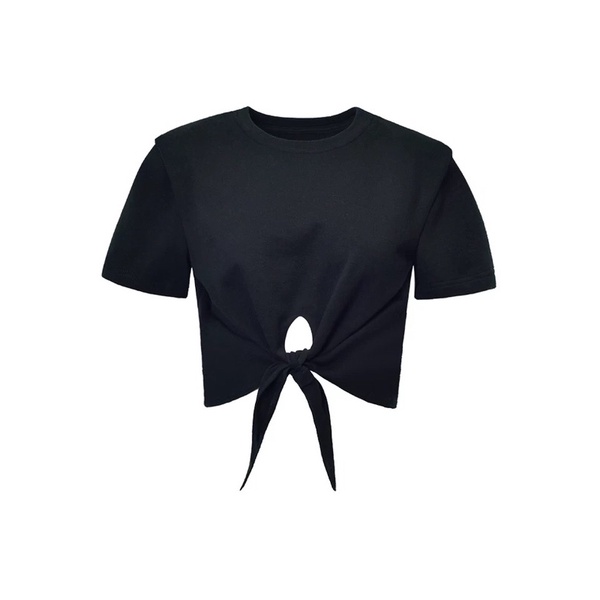 CROPTOP_Áo croptop dáng dài có đệm vai buộc nơ trước bụng