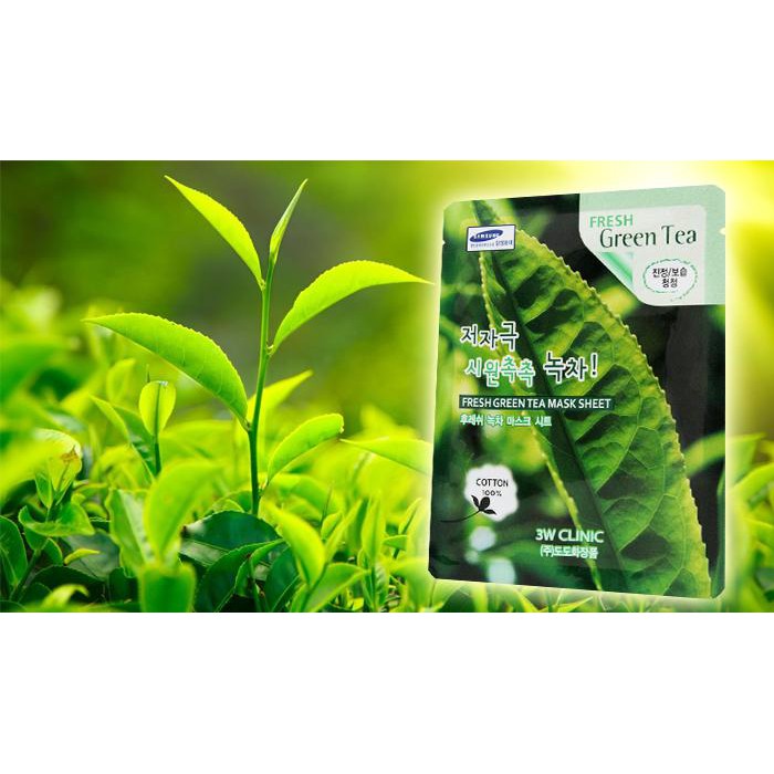 Bịch 10 Túi Mặt nạ giấy dưỡng trắng da chiết xuất Trà Xanh - 3W Clinic Fresh Green Tea Mask Sheet - Hàn Quốc 23mlx10