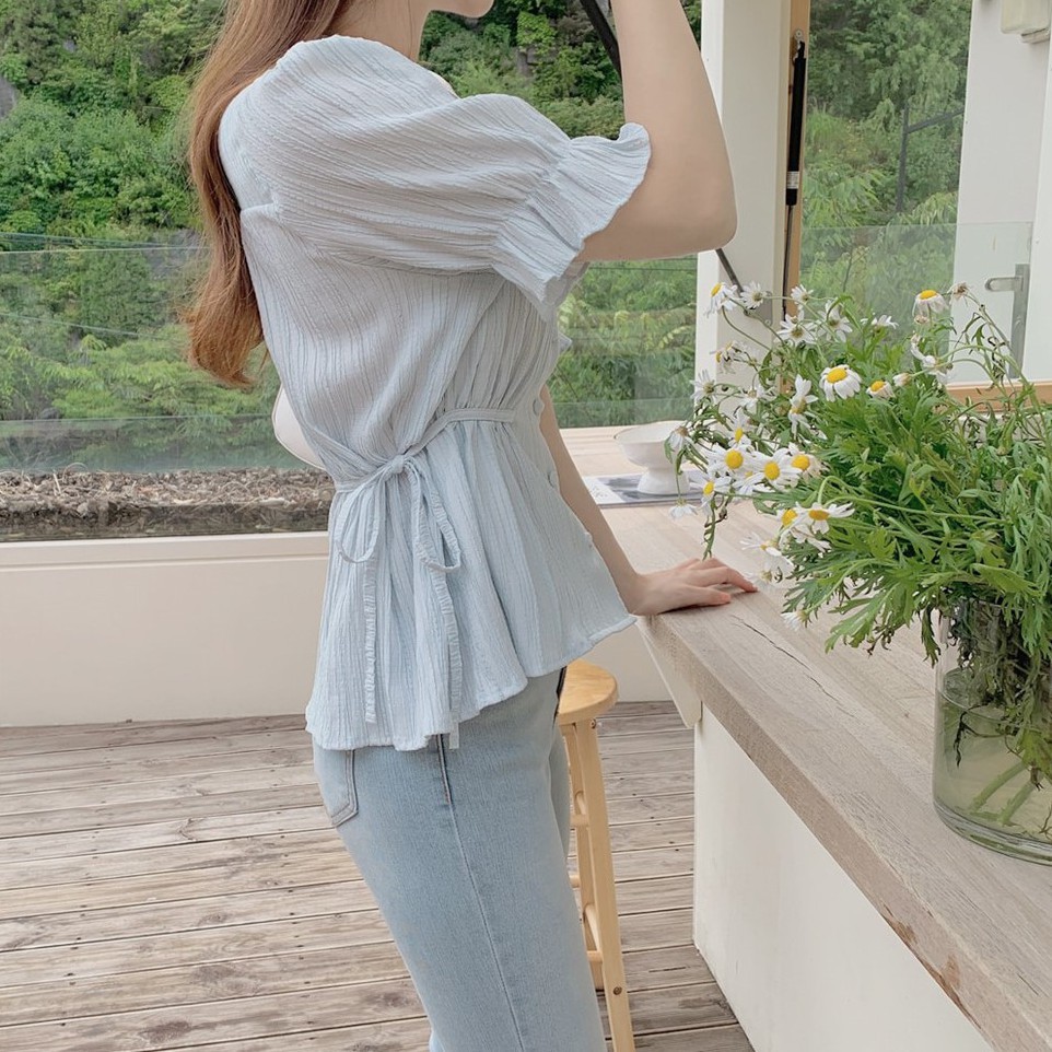 44813 New Korean style V-neck lace-up short-sleeved shirt blouse woman top | BigBuy360 - bigbuy360.vn