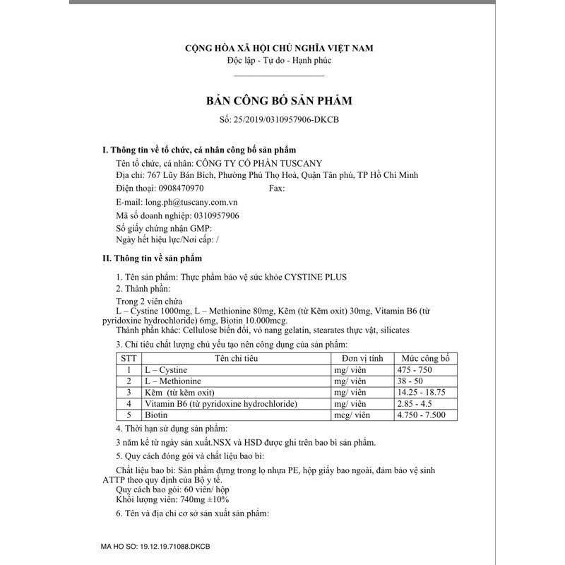Cystine Plus - Viên uống giảm mụn, ngăn rụng tóc và giảm sắc tố Supplement Fact Cystine Plus